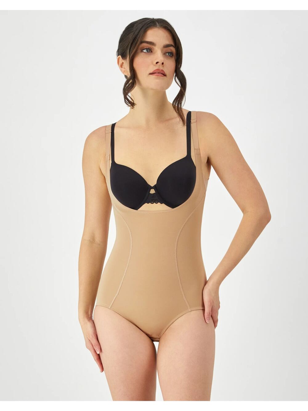 Maidenform Women's Large Open Bust Tummy Control Beige Shapewear Bodysuit K19-23